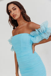 Star Dust Off-Shoulder Frill Sleeve Mini Dress Baby Blue